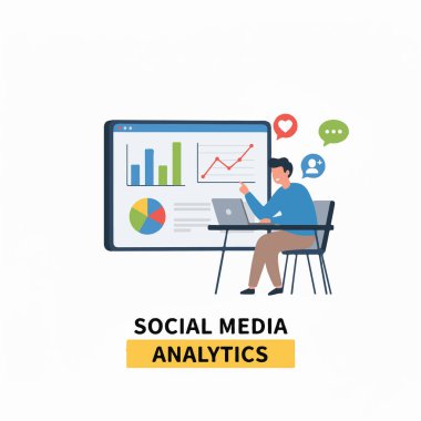 Düz vektör illüstrasyonu, grafikler, sosyal medya simgeleri, çevrimiçi katılım verilerini analiz eden kişi, sosyal medya analitiği kavramı ve performans izleme ile sadeleştirilmiş gösterge paneli
