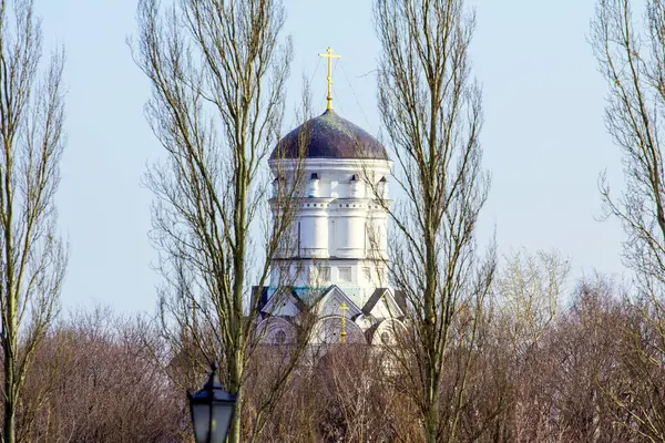 Eine Kuppel Mit Kreuz Einer Alten Kirche Durch Die Bäume — Stockfoto