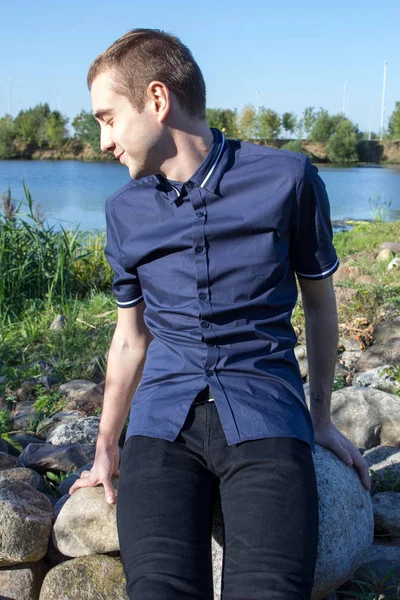 Side View Portrait Young Attractive Guy Wearing Dark Blue Shirt — Stock Photo, Image