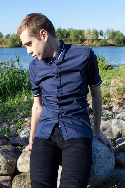 Side View Portrait Young Attractive Guy Wearing Dark Blue Shirt — Stock Photo, Image