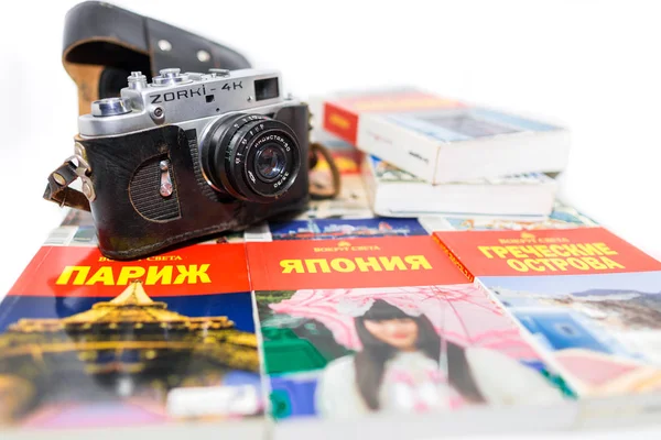 2018 Moskau Russland Konzept Der Weltreise Mit Vintage Fotokamera Auf — Stockfoto