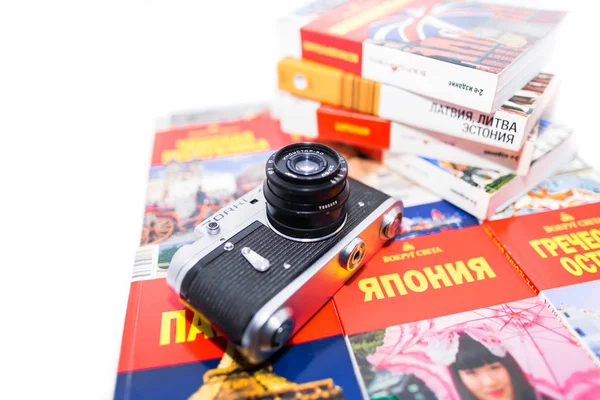 2018 Moskau Russland Konzept Der Weltreise Mit Vintage Fotokamera Auf — Stockfoto