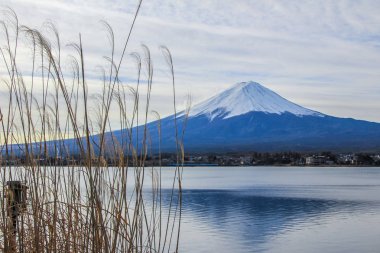 Fuji Dağı'nın, köy ve göl ile kış manzara. Japonya doğası. Dünyanın ünlü ve en güzel yerlerine. Fuji yansıma göle.