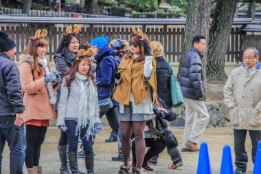 2013.01.05, Nara, Japonya. Festival komik aksesuarları parkta yürürken kafasına Japon kızlar grup.