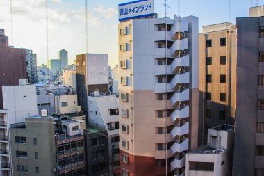 2013.01.08, Tokyo, Japonya. Otelden pencere manzarası. Gün batımında gökdelenler ile Tokyo şehir manzarası.
