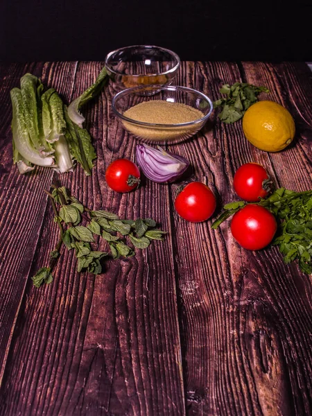 Tabbouleh Levantine Vejetaryen Salata Pişirme Için Malzemeler Arapça Dünyanın Geleneksel — Stok fotoğraf