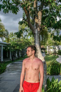 2011.05.05, Phuket, Tayland. Villa bahçesinde palmiye ağacının yanında duran genç bir adam..