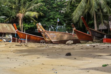 2011.05.07, Phuket, Tayland. Asya'yı dolaşın. Palmiye ağaçları ile kum üzerinde Tekne.