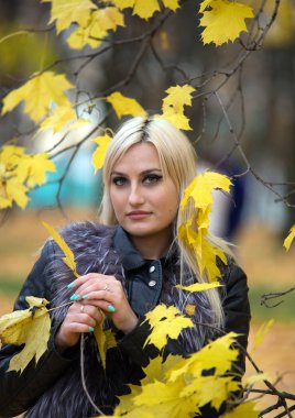 2017.10.21, Moskova, Rusya. Sonbahar parkında yürürken kürk siyah ceket giyen genç bir çekici kadın.