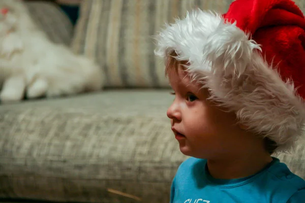 2011 Maloyaroslavets Rusia Niño Pequeño Con Sombrero Arlequín Viendo Televisión — Foto de Stock