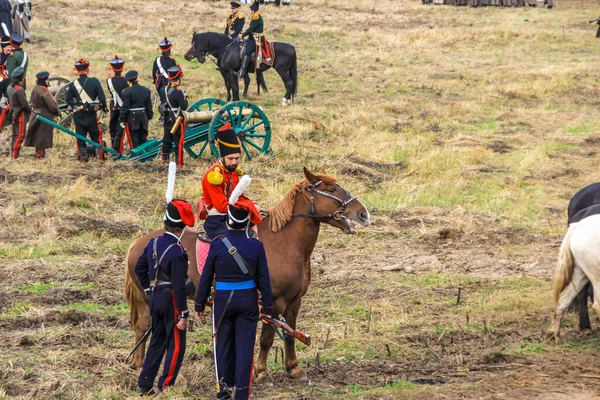 2012 Maloyaroslavets Russie Groupe Personnes Cheval Commandants Tiennent Devant Des — Photo