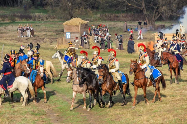 2012 Maloyaroslavets Russia Group People Horseback Commanders Standing Front Foot — Stock Photo, Image