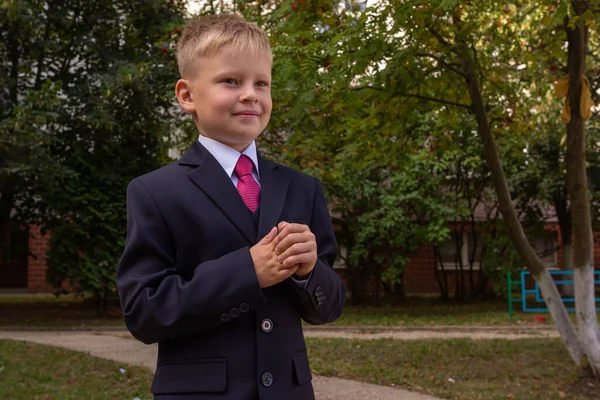 Portrait Blond Boy Wearing Classic Suit Looking Away First Grader — Stock Photo, Image