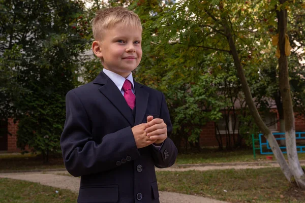 Portrait Blond Boy Wearing Classic Suit Looking Away First Grader — Stock Photo, Image