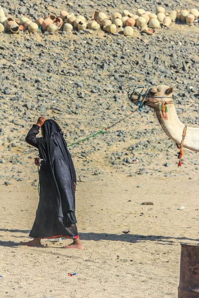 2012年9月17日 埃及Hurghada 身穿黑色民族服装的贝都因妇女为沙漠中的骆驼提供指导 非洲当地人民 埃及游客的娱乐活动 — 图库照片