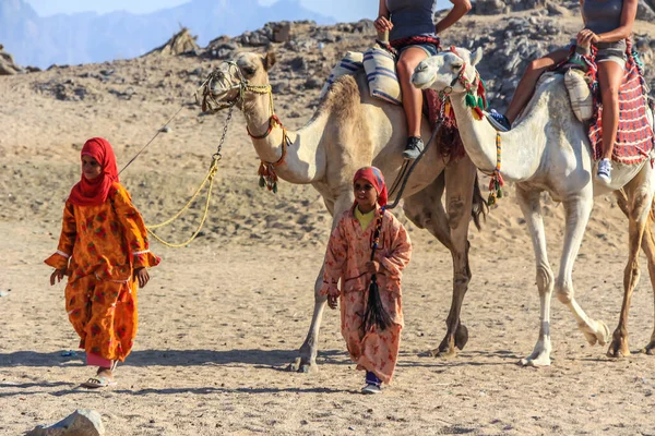 2012 Hurghada Egypt Beduínská Dívka Národních Šatech Vede Velblouda Poušti — Stock fotografie