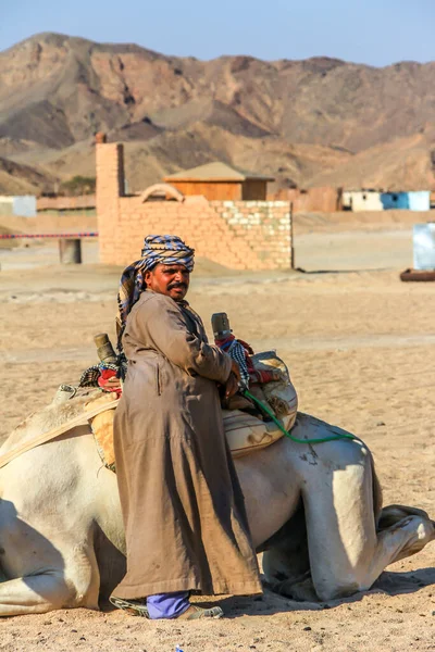 2012年9月17日 埃及Hurghada 一个穿着灰色衣服的贝都因男子站在骆驼旁边 非洲当地人民 — 图库照片