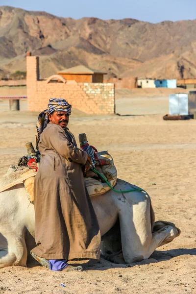 2012 Hurghada Egipto Hombre Beduino Con Ropa Gris Junto Camello —  Fotos de Stock