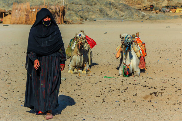 17.09.2012, Хургада, Египет. Бедуинская женщина в чёрной одежде стоит у лежащего верблюда. Персоналии: Африка.