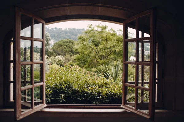 Altes Fenster Und Schöner Garten Geöffnet — Stockfoto