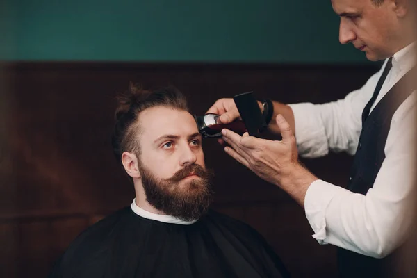 Barbershop Wooden Interior Bearded Model Man Barber — Stock Photo, Image