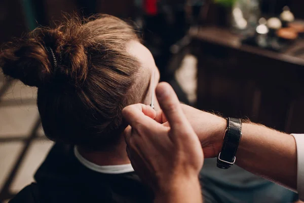 Barbershop Wooden Interior Bearded Model Man Barber — Stock Photo, Image