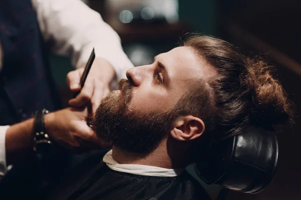 Barbershop Concept Beard Model Man Barber Scissors — Stock Photo, Image
