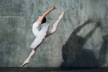 Balerin atlama. Genç güzel kadın balet, profesyonel kıyafet, pointe Ayakkabı ve beyaz tutu giymiş.