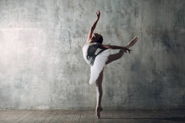 Balerin erkek. Genç güzel kadın balet, profesyonel kıyafet, pointe Ayakkabı ve beyaz tutu giymiş.
