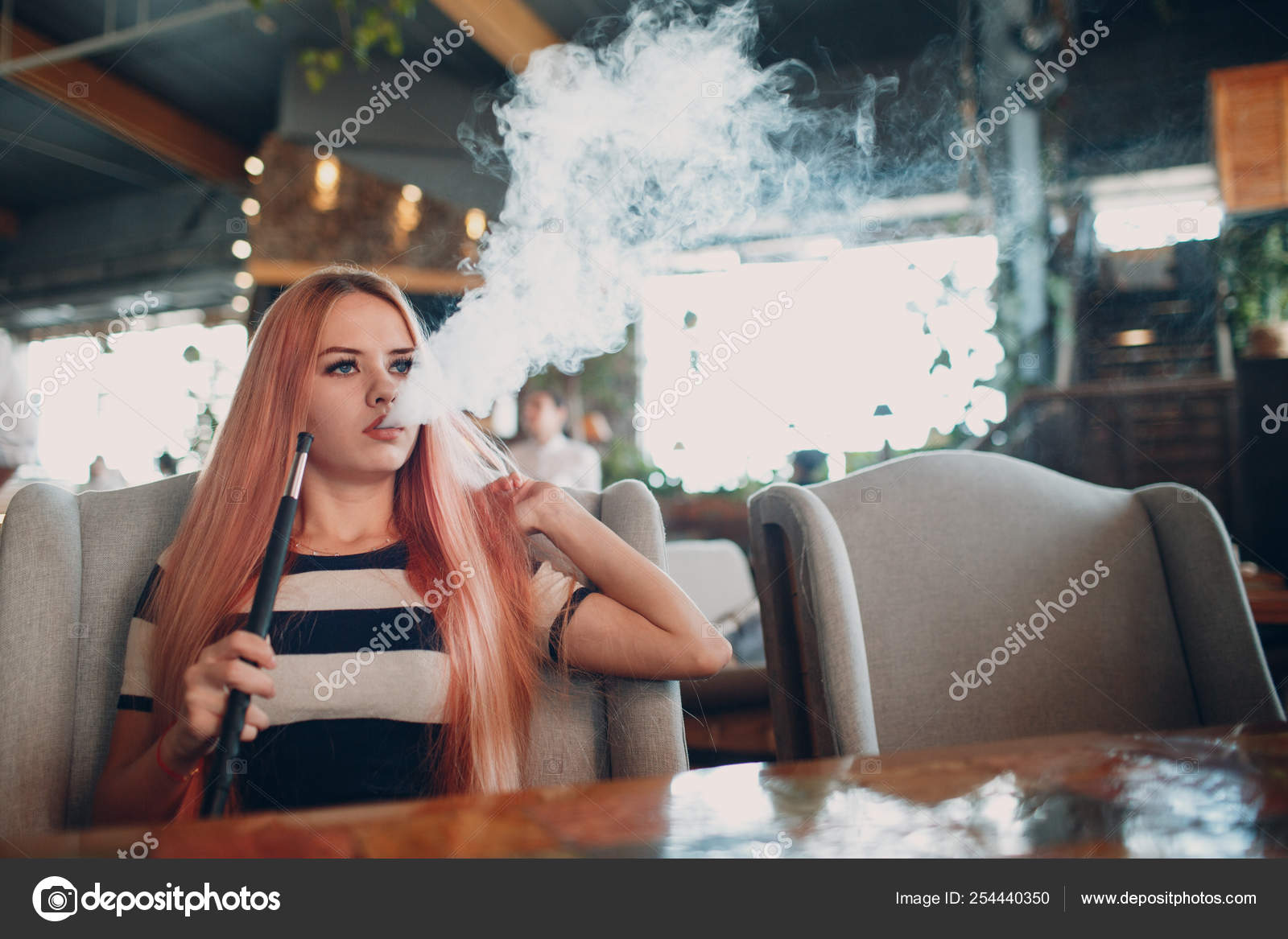 Young Beautiful Female Smoking Hookah Smoke Shisha Hookah Concept ...