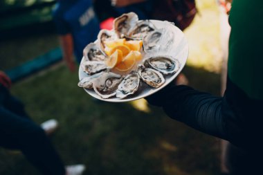 Garson bir tabakta limon ile istiridye hizmet vermektedir. Catering konsepti.