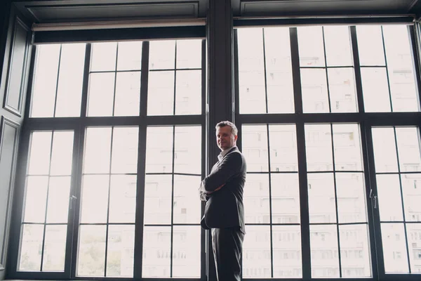 Portrait of a businessman at big window. Business and success concept.