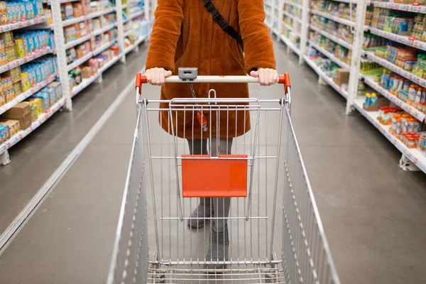 Young woman with grocery cart and shelves with groceries in a store.
