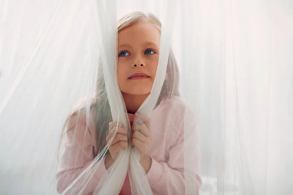 Little Beautiful Dreamy Girl Portrait Window Curtain Bedroom — 图库照片