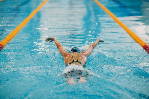 Junge Schwimmerin schwimmt im Schwimmbad Rückseite. — Stockfoto