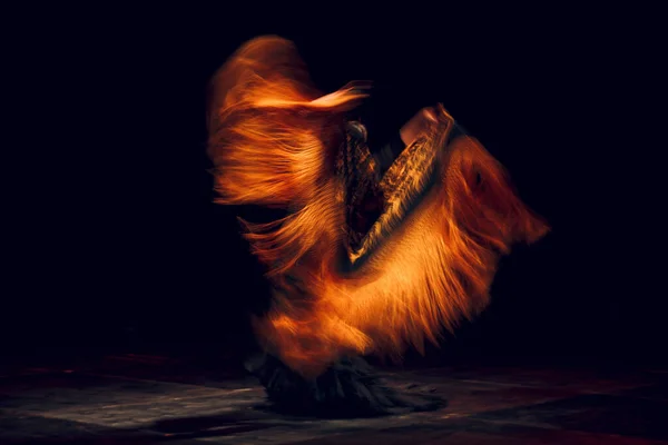 Flamenco-Tänzerin in traditioneller Tracht mit verschwommenem Schal. Flamenco-Tanz auf der Bühne. — Stockfoto