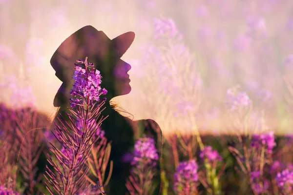 Woman in hat silhouette on blooming Sally summer flower field