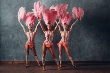 Samba giymiş üç kadın ya da pembe tüylü lambada kostümü.