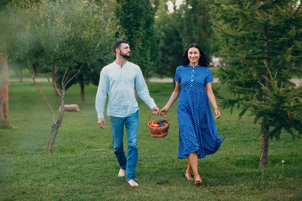 Casal feliz com frutas na cesta de piquenique Caminhando no parque. — Fotografia de Stock