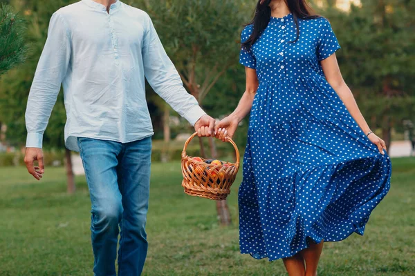 Casal feliz com frutas na cesta de piquenique Caminhando no parque. — Fotografia de Stock