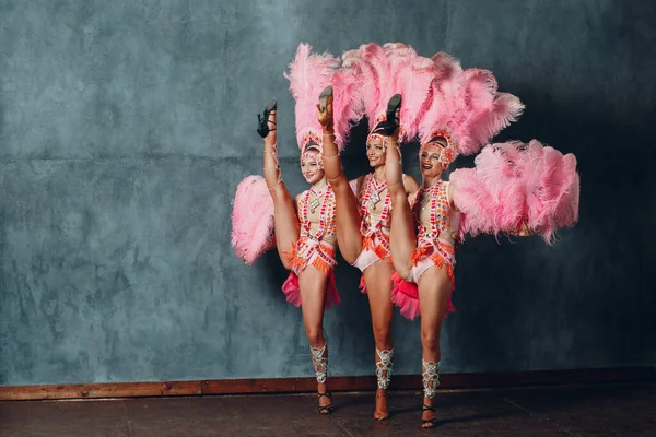 Trzy kobiety w stroju kabaretowym z różowymi piórami upierzenie — Zdjęcie stockowe