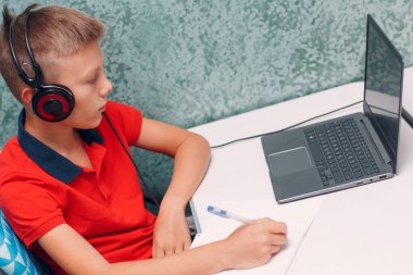 Dizüstü bilgisayarı olan genç bir öğrenci kalem öğrenme ve okula geri dönmeye hazırlanıyor.