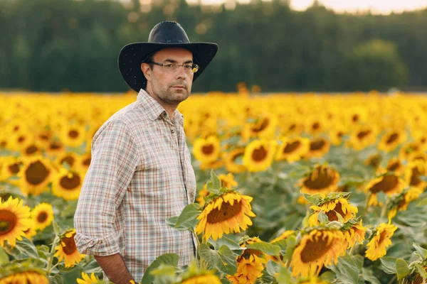 Ένας αγρότης στέκεται σε ένα χωράφι με ηλιοτρόπια. — Φωτογραφία Αρχείου