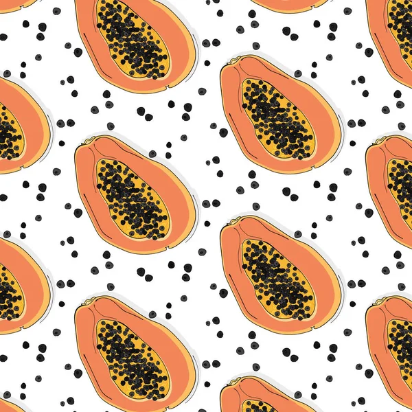 Dibujo de papaya vectorial. Postre de tela tropical de verano. Textura de comida exótica. Impresión vegetariana en contraste — Vector de stock