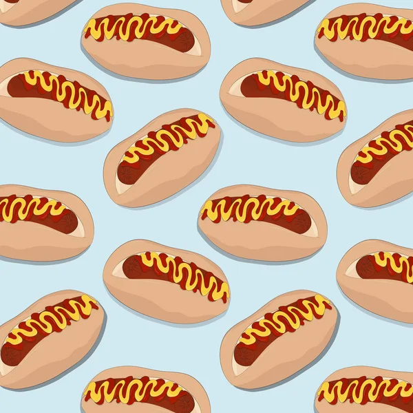 Modèle de hot-dog vectoriel. Repas de restauration rapide américain. Pain à la saucisse, ketchup, moutarde. Déjeuner délicieux motif de surface. Dîner barbecue — Image vectorielle