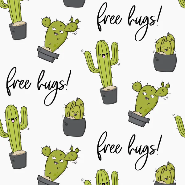 Vector happy cactus afdrukken. Coole kids design met vetplanten. Gratis knuffels cactussen decoratie. Kawaii doodle cartoon afbeelding. Grappige knuffels textuur — Stockvector