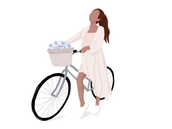 Mujer sencilla en la ilustración de bicicleta. Chica plana en bicicleta estilo de vida moderno ocio. Actividad urbana. Transporte de aventura vectorial, actividad al aire libre de verano — Vector de stock