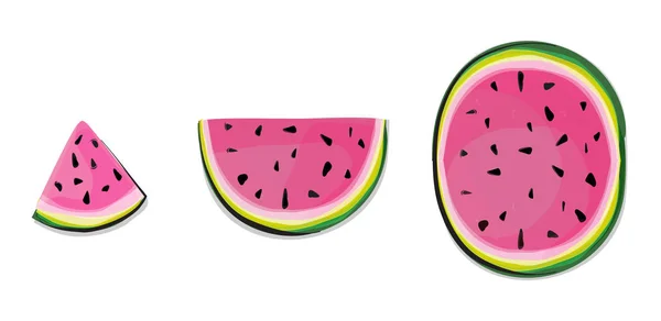 Isolerade vattenmelon skivor. Färsk frukt skuren i halva rosa melon i rad isolerade på vit bakgrund med urklippsbana. Isolerade vattenmeloner. Samling av hela och skär vattenmelon frukt — Stock vektor