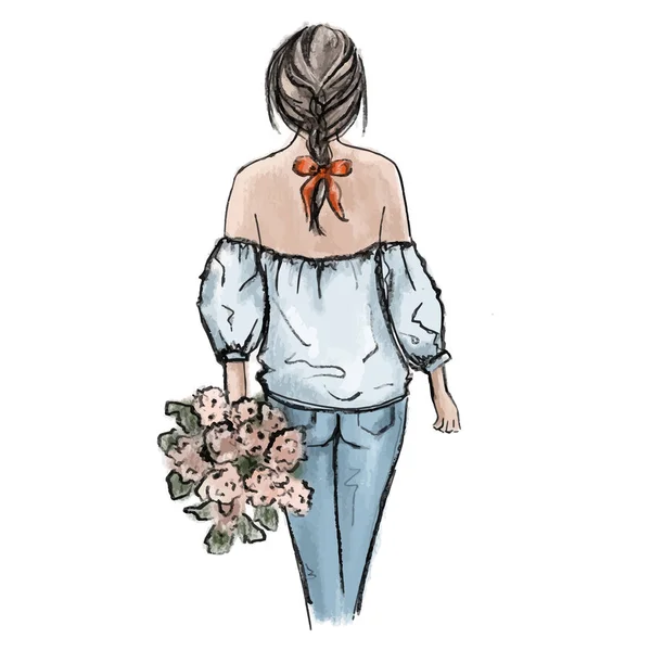 Ilustración romántica de mujer. Hermosa mujer joven dibujada a mano sosteniendo ramo de flores. Pantalones vaqueros de moda Glamour, parte superior de hombro, coleta con lazo — Vector de stock