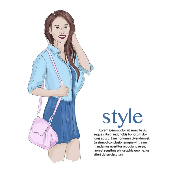 Brunnete fille modèle portant robe mignonne, veste en jean, avec sac. Tenue de magazine élégante. look d'été moderne. Croquis de mode — Image vectorielle